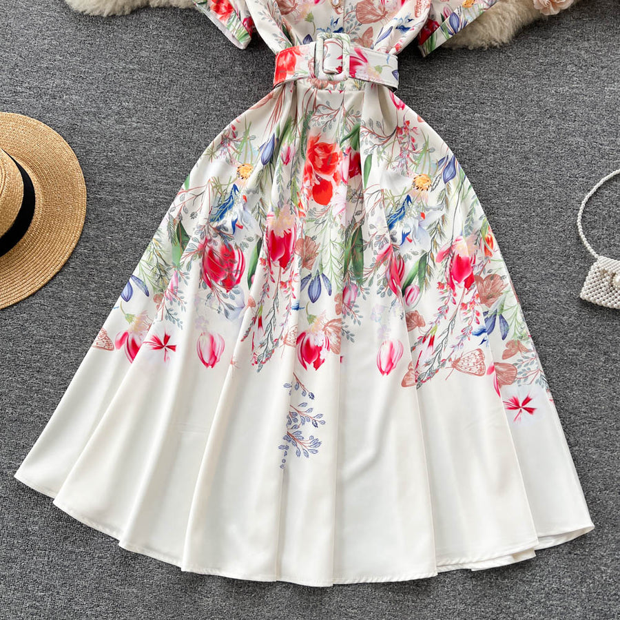 High Quality Belted Floral Print Short Sleeve Notched Neck Short Sleeve Vintage Flower Shirt Dress