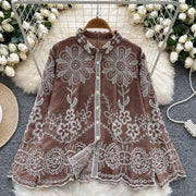 Basic loose long-sleeved polo-neck blouse embroidered with flowers and French-style hook