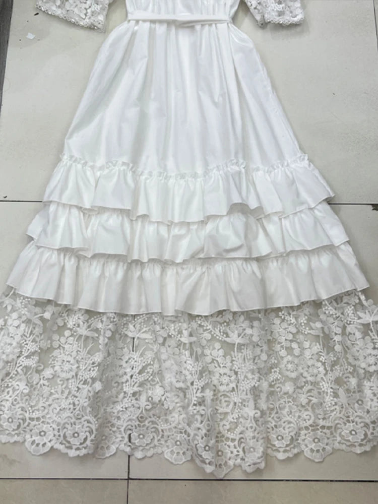 High Quality High Waist Lapel Puff Sleeve Solid Long Dresses