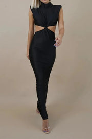 High Quality Plain Sleeveless Bodycon Hollow Out Turtleneck Sexy Long Dress