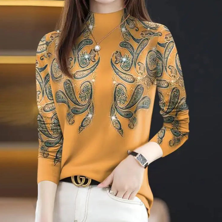 High quality half-high collar splicing print slim-fitting versatile casual long-sleeved top