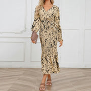 Retro Sweet V Neck Slim Lace -up Print Autumn Summer Elegant Elastic Dress A-line Long Sleeve Vacation Women Mermaid Dresses