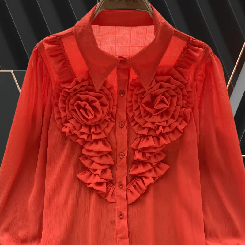 High Quality 3D Flower Single Breasted Ruffle Long Sleeve Shirts