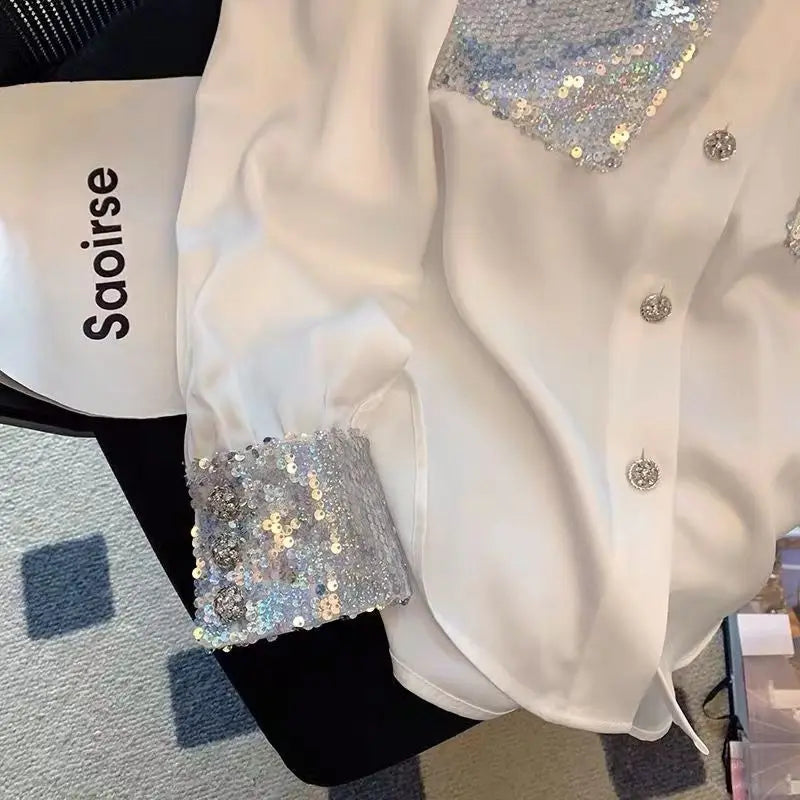 Spring Autumn Fashion Turn-down Collar Long Sleeve Blouses Women's Clothing French Style Sequined Button Trend All-match Shirts