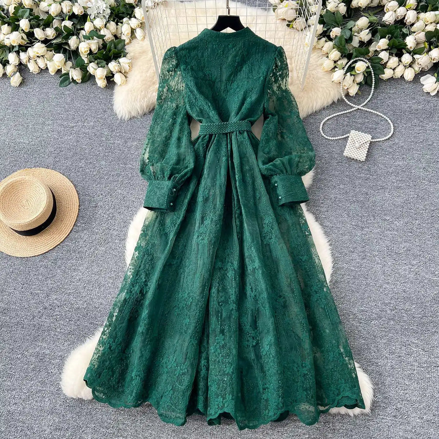 Luxury Embroidery Formal Dresses Women Summer Autumn Lantern Long Sleeve Lace Vestidos Pearl Prom Evening Birthday Dress Party