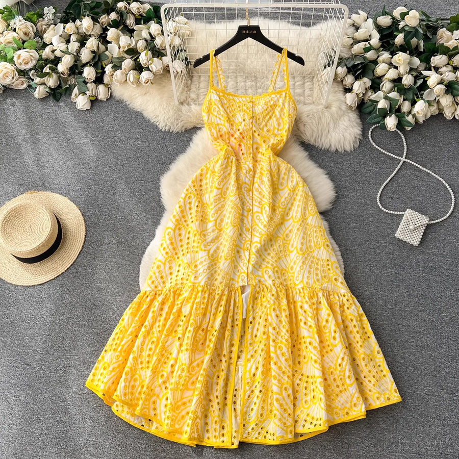Quality Spaghetti Straps Ruffles Backless Sexy Hollow Out Embroidery Dress