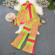 Elegant two-piece set pleated summer chiffon shirt + high-quality floral print pleated wide-leg pants