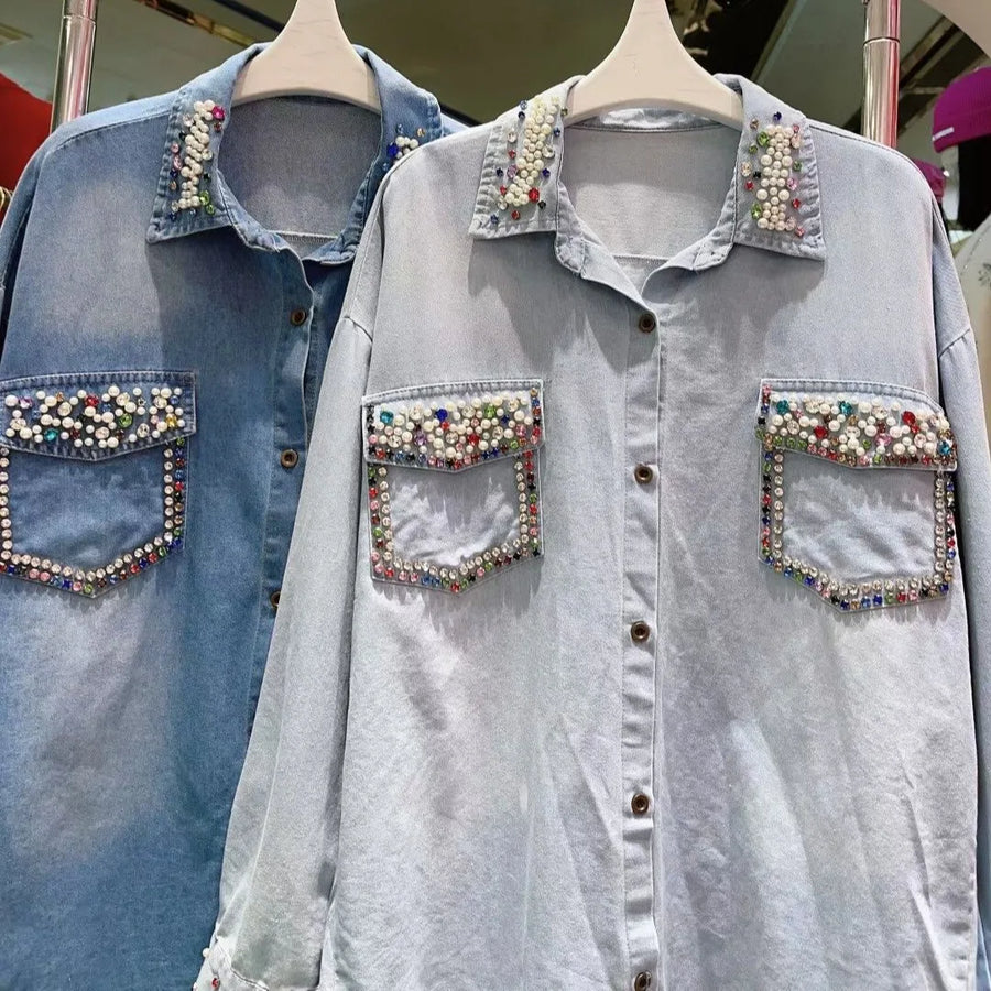 Women Rainbow Diamonds Denim Shirts Spring Summer Rhinestones Double Pockets Jeans Blouses Crystal Cowboy Cardigan Tops Blusas