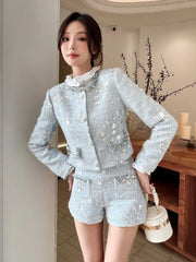 Elegant Women Autumn Shiny Sequined Diamonds Jacket Shorts Two Piece Set Slim Fit Party Outfits Office Ladies Work Matching Sets