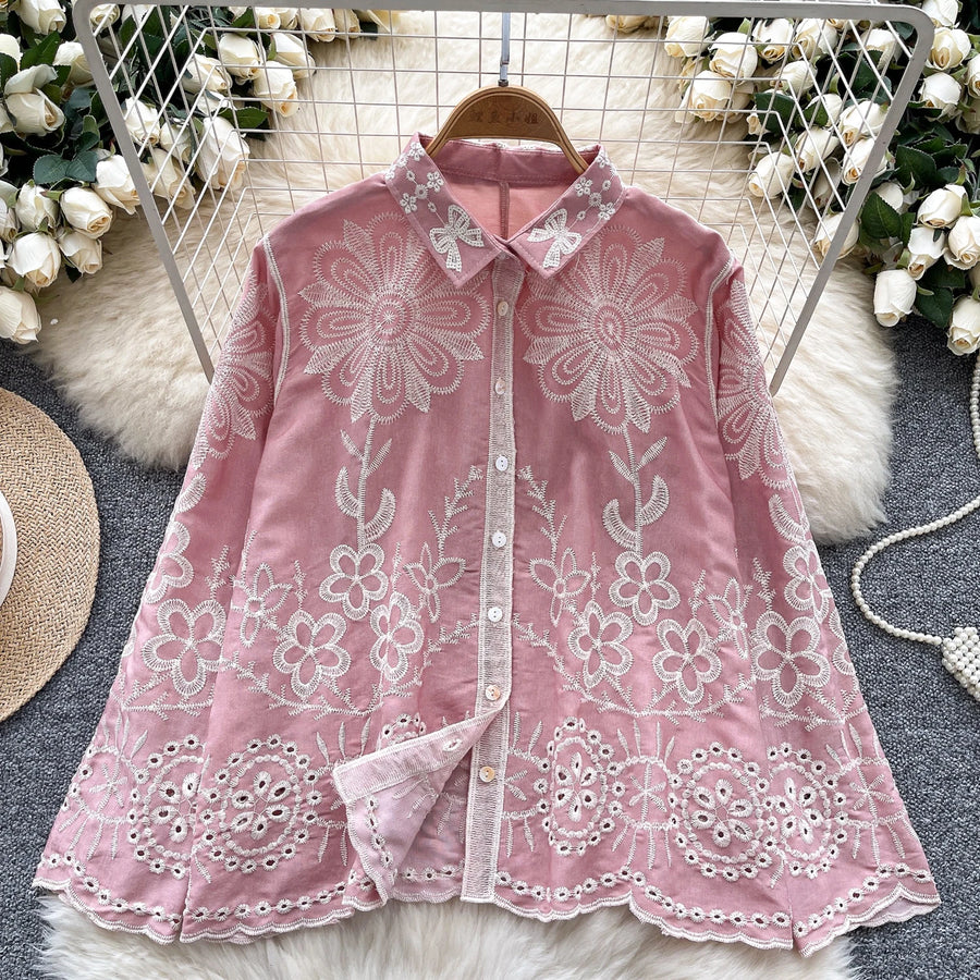 Basic loose long-sleeved polo-neck blouse embroidered with flowers and French-style hook