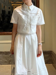 Elegant Two Piece Sets Lapel Short Sleeve Blouses High Waist Pleated Skirts