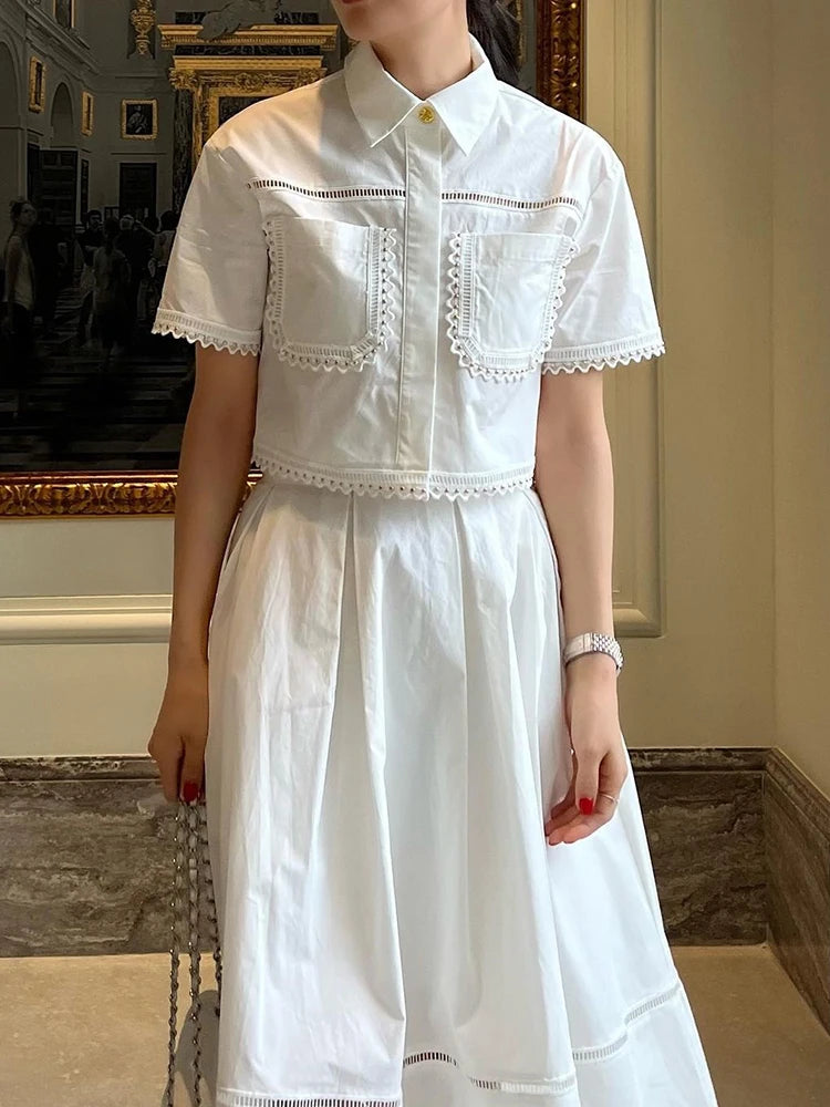 Elegant Two Piece Sets Lapel Short Sleeve Blouses High Waist Pleated Skirts