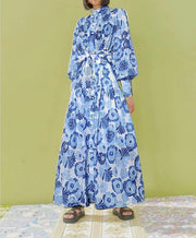 Floral Print Stand Collar Long Sleeve High Waist Slimming One Button High Quality Maxi Dress
