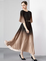 High Quality Vintage Oversized Loose Gradient Belt Lace Up O Neck Pleated Long Dress