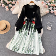 High Quality Flower Print Knitted Mesh Stitching Lantern Sleeve Pleated Dress