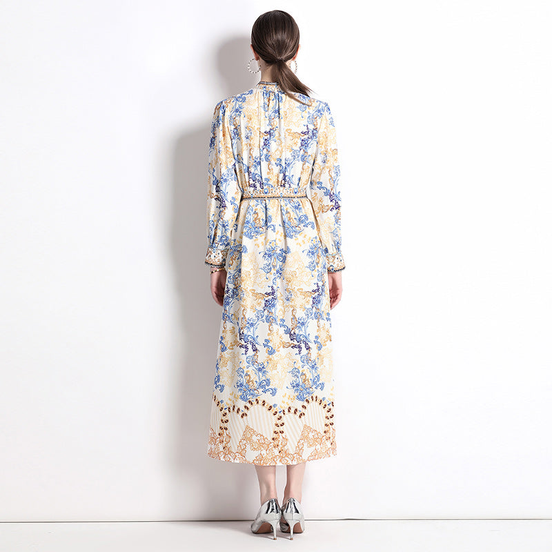 Vintage Flower Print Long Dress Stand Collar Flare Sleeve Loose Waist Lace Up Belt Buttons High Quality