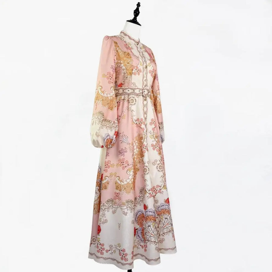 Floral print dress with long sleeves, high neck, and belt, high quality midi length