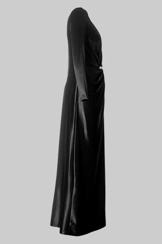 Women's Solid Color Pleated Split Front Tied Waist Bodycon Long Sleeves Deep V Neck Maxi Party Dresses