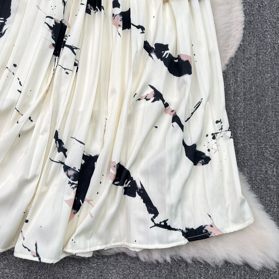 High Quality Satin Ink Print Polo Neck Long Sleeve A-Line Shirt Dress