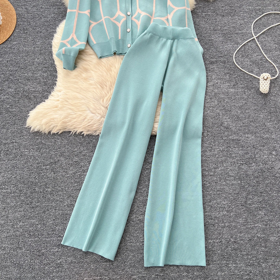 2 Piece Sets Single Breasted Print Cardigan + High Waist Wide Legs Pants