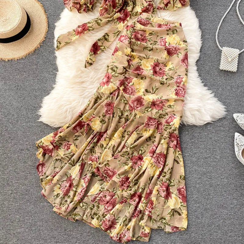 Sexy Two Pieces Sets Chic Bandage chiffon Shirt Top with sweet High Waist mermaid Skirt Beach Vacation Sets