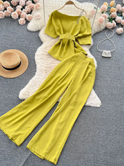 Royal style two-piece set, off-shoulder with high-quality wide-leg pants