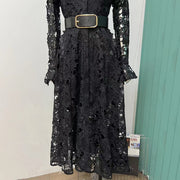 High quality French temperament water soluble lace single-breasted hollow long-sleeved dress