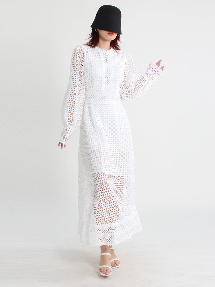 Vintage dresses round neck, flare sleeve, high waist, hollow out patchwork, high quality embroidery