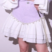Fashion Sweet Office Lady Pearl Jacket Sets Double Breasted Ruffles Spliced Coat Outfits Light Purple Mini Skirt Two-Piece Set