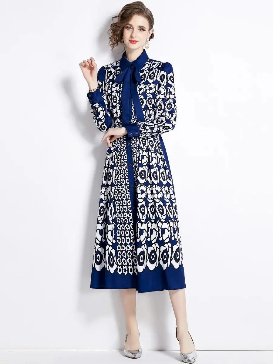 High Quality Long Sleeve Bow Neck Flower Print Elegant Dresses