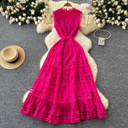 Sexy Hollow Out Embroidery Round Neck Sleeveless Bandage Long Dresses High Quality