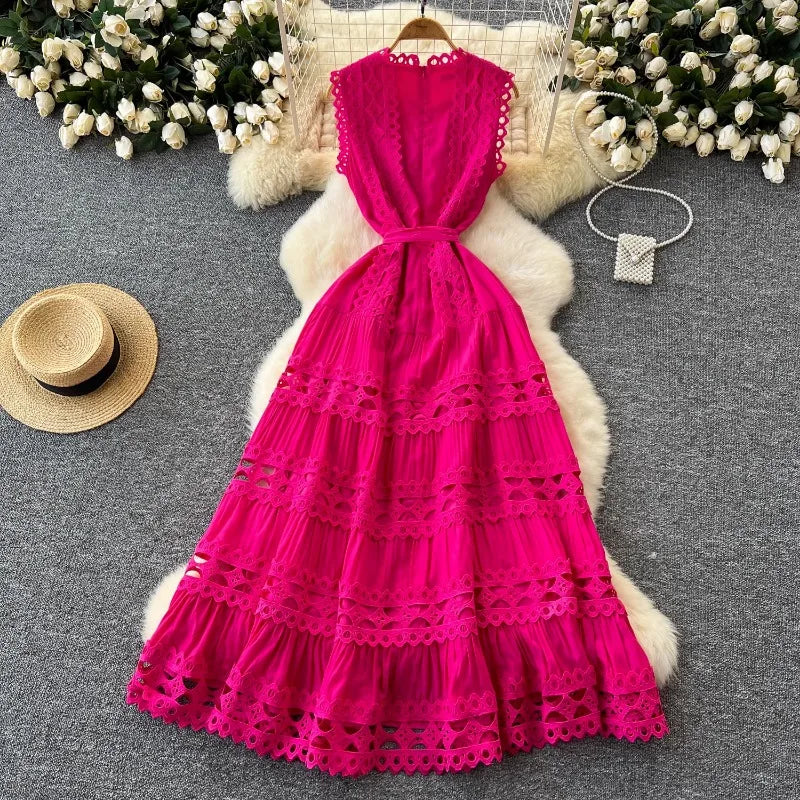 Sexy Hollow Out Embroidery Round Neck Sleeveless Bandage Long Dresses High Quality