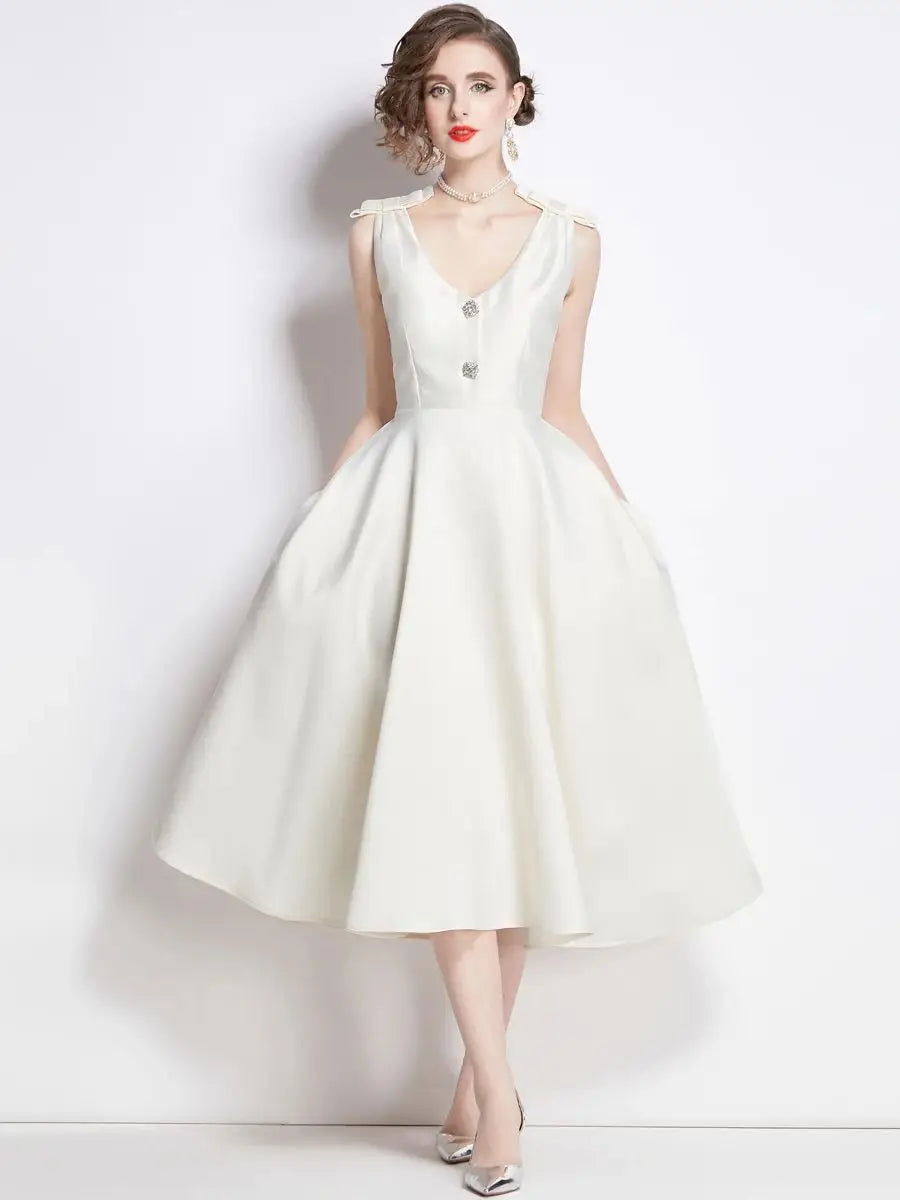 Elegant Thick Satin Special Occasion Evening Prom Dresses For Women Sexy V Neck Cup Padded Diamonds Bow Tank Solid Midi Vestidos