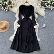 Chic vintage patchwork striped dress Elegant Fairy korean fashion autumn Party women clothing