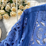 Summer Embroidery Maxi Dress Two Piece Set Women Blue Hollow Lace Long Sleeve Blouse Shirts 3pcs Sets Elastic Waist Skirts Suits