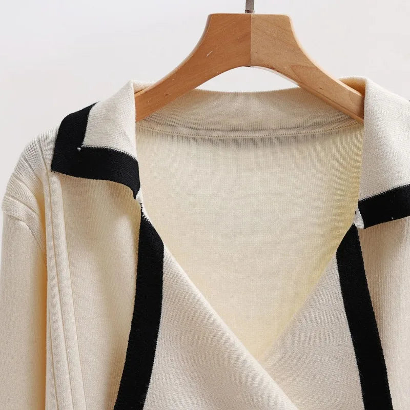 Lapel Casual Lazy Tops Sweater  female Pants Set Winter New Fashion Color-block Long-sleeved Pants Women Two-piece Set Elegant
