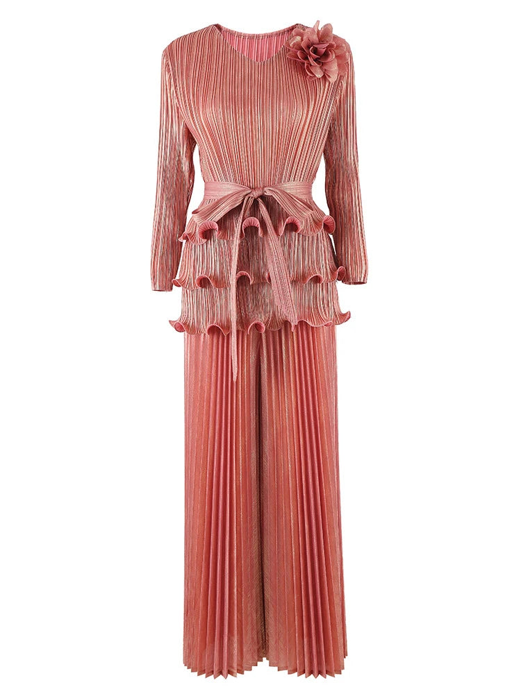 2-piece set of 3D flower pleated niche design lace-up T-shirt + loose elegant wide-leg pants