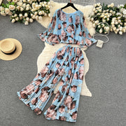 Autumn Women Draped Two Piece Set Bohemian Female Floral Pleated Short Blouse + High Waist Wide Leg Pants Chiffon Suit 2Pcs New