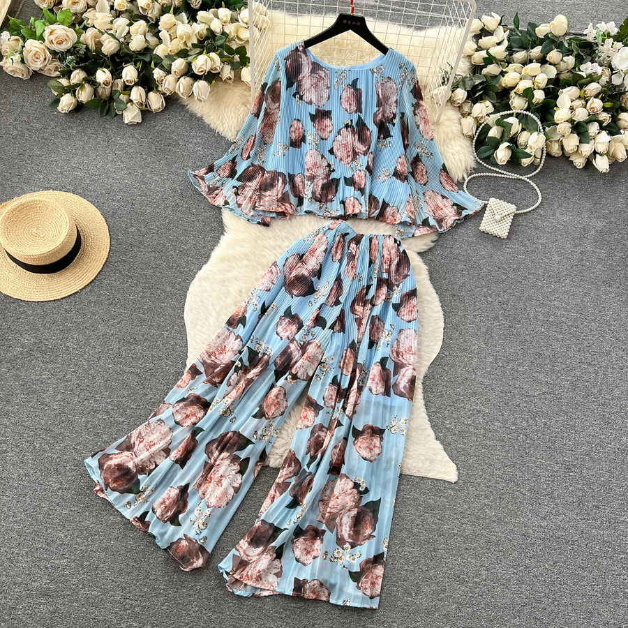 Autumn Women Draped Two Piece Set Bohemian Female Floral Pleated Short Blouse + High Waist Wide Leg Pants Chiffon Suit 2Pcs New