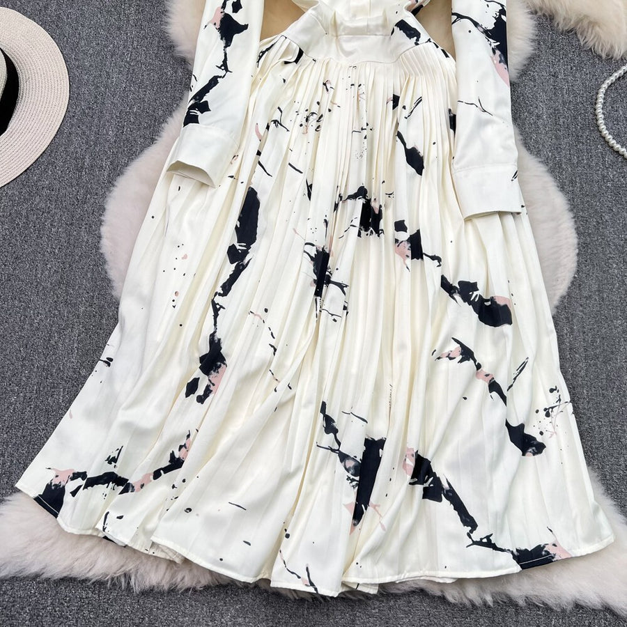 High Quality Satin Ink Print Polo Neck Long Sleeve A-Line Shirt Dress