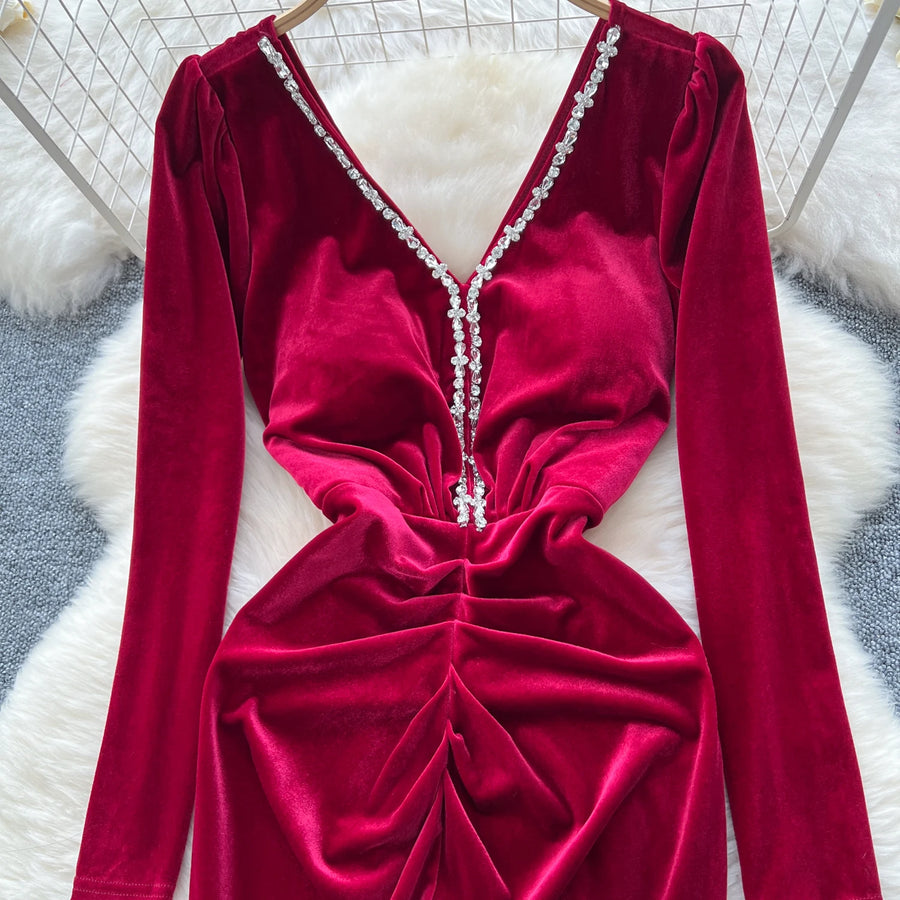 Velvet Dresses Elegant V Neck Vintage Long Sleeve Slim Pleated High Quality