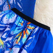 Two Piece Set Floral Print Pleated Elastic Raglan Sleeve T-shirt Top + Long Skirt High Quality