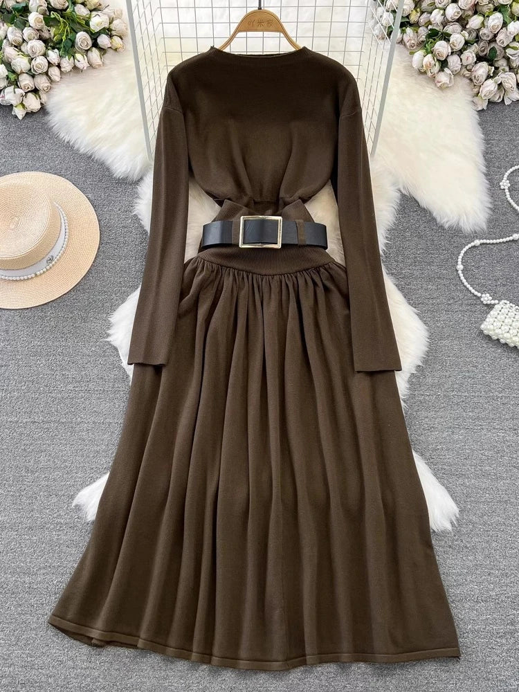 Women Elegant Office Two Piece Sets Autumn Winter Long Sleeved Standing Neck Sweater Top High Waist Slim A-line Long Skirt Suits