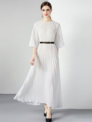 High Quality Printed Round Neck Lace Up Belt Maxi Pleated Long Dress