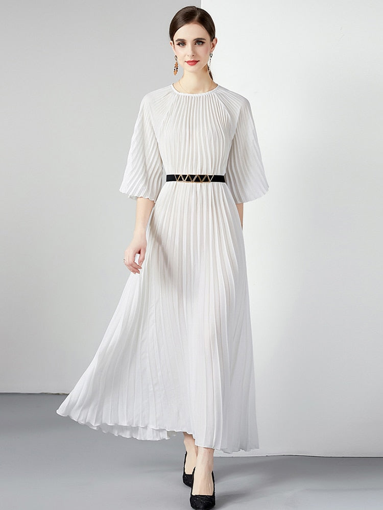 High Quality Printed Round Neck Lace Up Belt Maxi Pleated Long Dress