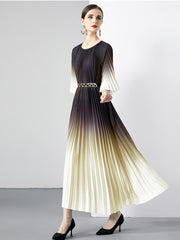 High Quality Vintage Oversized Loose Gradient Belt Lace Up O Neck Pleated Long Dress