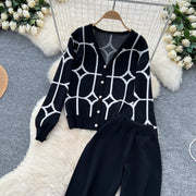 2 Piece Sets Single Breasted Print Cardigan + High Waist Wide Legs Pants