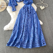 Summer Embroidery Maxi Dress Two Piece Set Women Blue Hollow Lace Long Sleeve Blouse Shirts 3pcs Sets Elastic Waist Skirts Suits