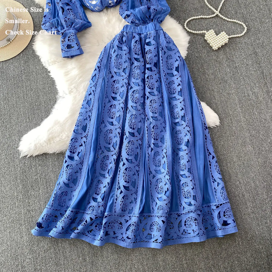 Summer Embroidery Maxi Dress Two Piece Set Women Blue Hollow Lace Long Sleeve Blouse Shirts 3pcs Sets Elastic Waist Skirts Suits