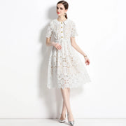 High quality short sleeve elegant blue white pink lace dress with gold buttons and belt below knee length.